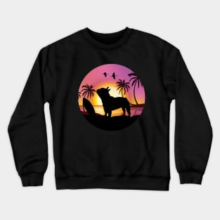 Summer for French lovers, French bulldog and beach, sunset, plam tree, surfing Crewneck Sweatshirt